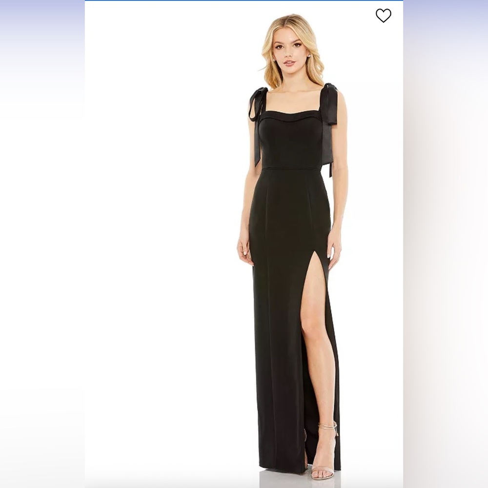 Ieena for Mac Duggal Black Square Neck Tie Strap Slit Gown Sz 6 NWOT